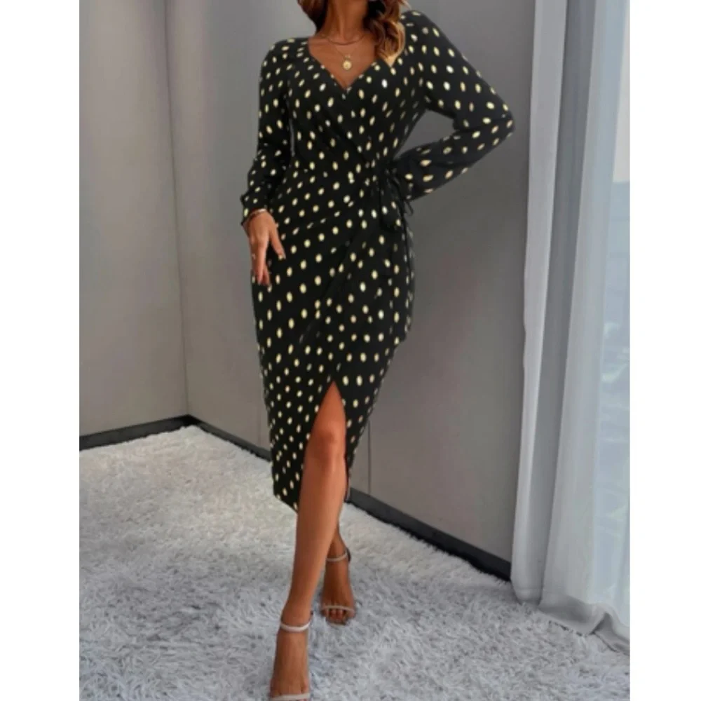 Luxe metallic gold dots wrap knot side party evening formal dress - Picture 11 of 15